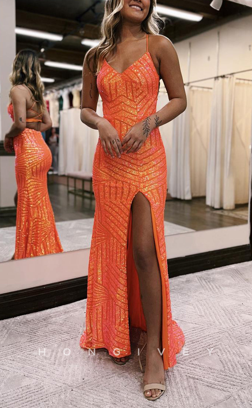 L1692 - Sexy Fitted Glitter V-Neck Spaghetti Straps Fully Sequined With Side Slit Party Prom Evening Dress - Fashionpara
