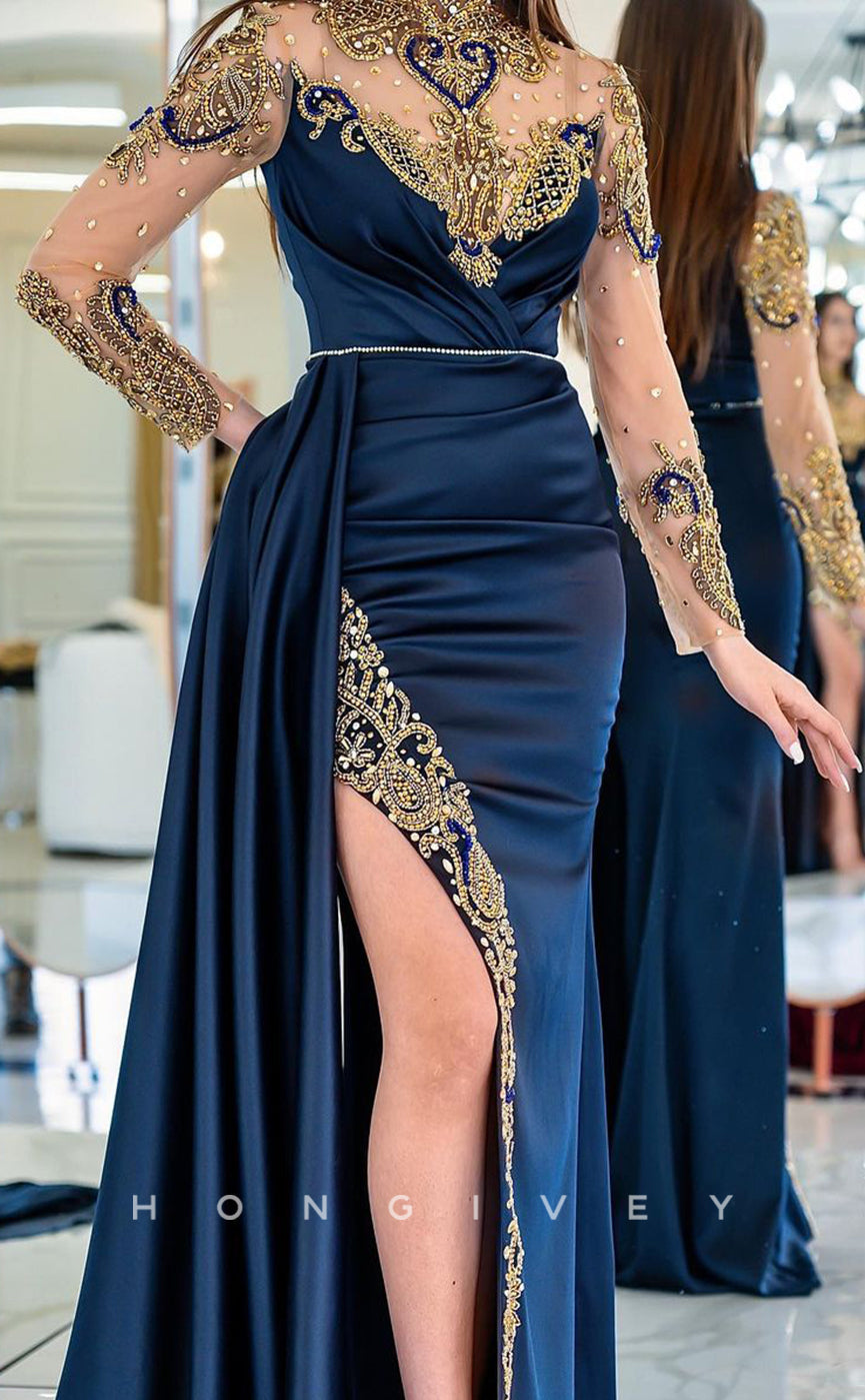 L1698 - Sexy Fitted Glitter Satin Empire High Neck Long Sleeve Ruched With Side Slit Party Prom Evening Dress - Fashionpara