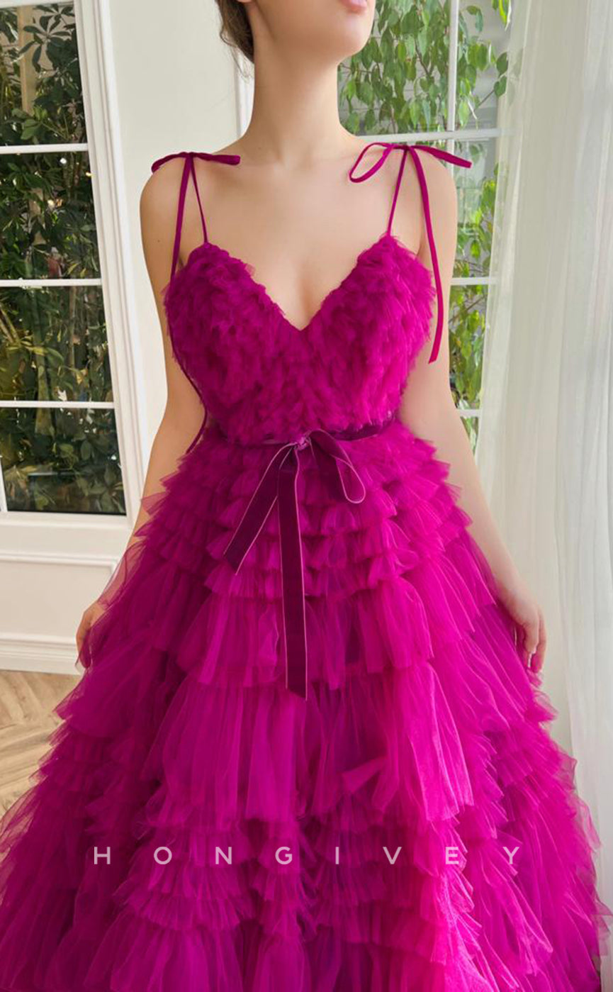 L1699 - Sexy Tulle A-Line Sweetheart Spaghetti Straps Empire Bowknot Tiered Party Prom Evening Dress - Fashionpara