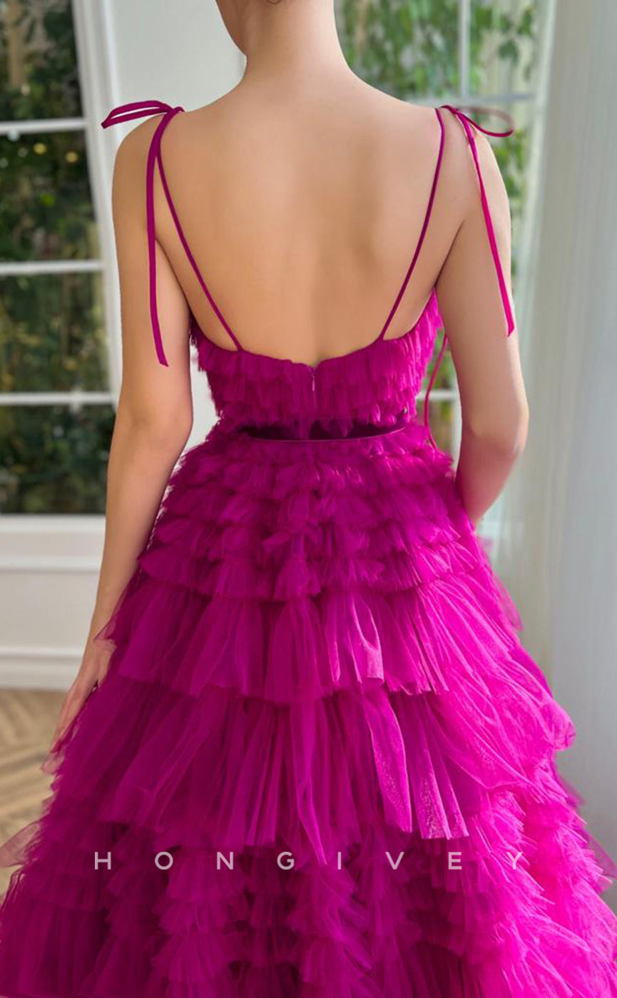 L1699 - Sexy Tulle A-Line Sweetheart Spaghetti Straps Empire Bowknot Tiered Party Prom Evening Dress - Fashionpara