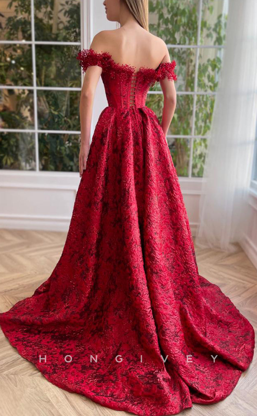 L1700 - Sexy Satin A-Line Empire Off-Shoulder Appliques With Side Slit Party Prom Evening Dress - Fashionpara