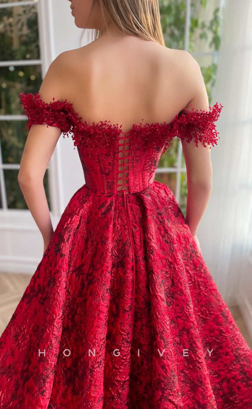 L1700 - Sexy Satin A-Line Empire Off-Shoulder Appliques With Side Slit Party Prom Evening Dress - Fashionpara