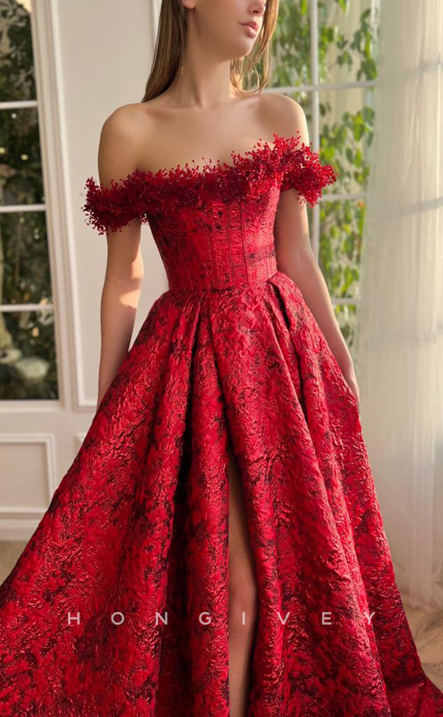 L1700 - Sexy Satin A-Line Empire Off-Shoulder Appliques With Side Slit Party Prom Evening Dress - Fashionpara