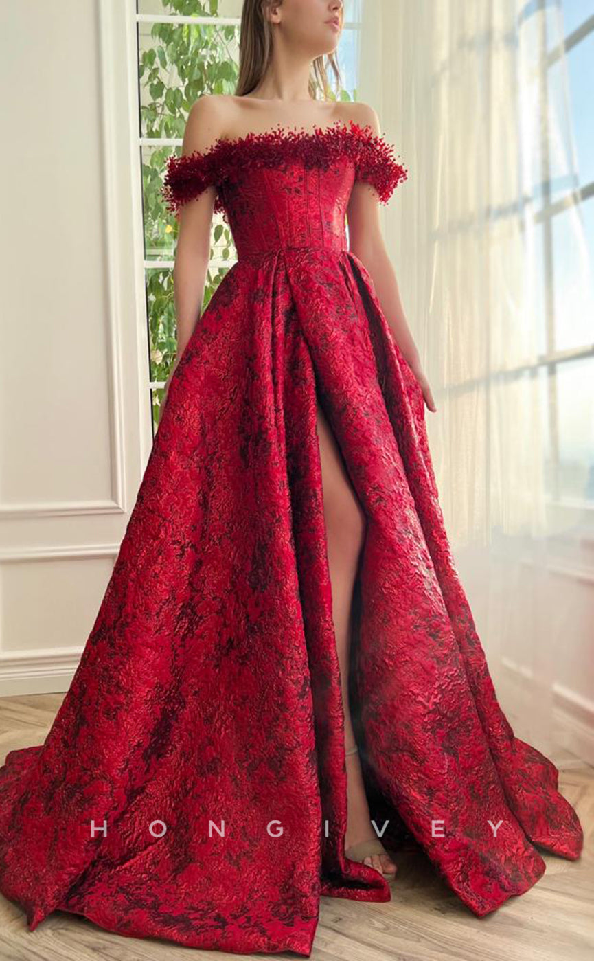 L1700 - Sexy Satin A-Line Empire Off-Shoulder Appliques With Side Slit Party Prom Evening Dress - Fashionpara