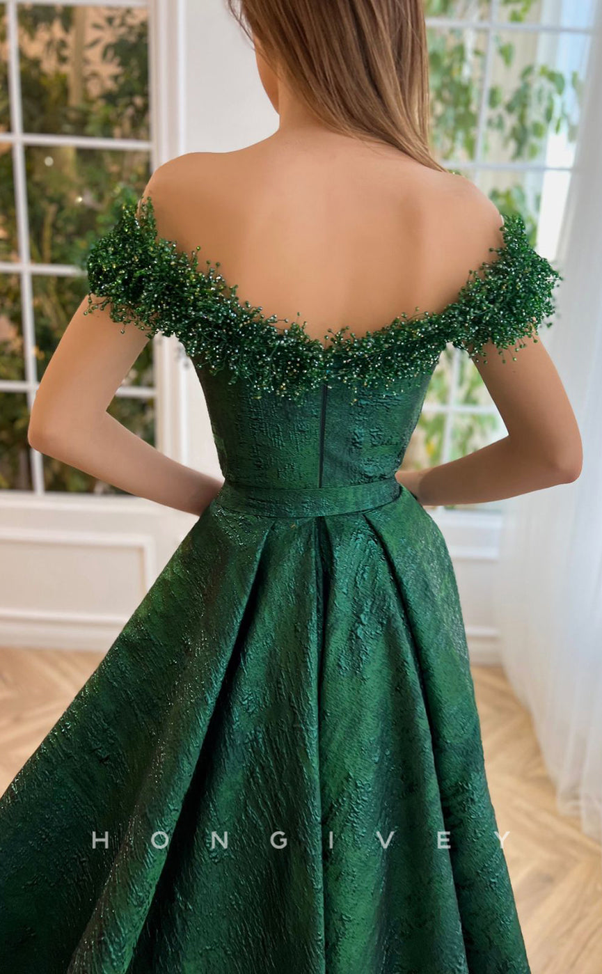 L1702 - Sexy Satin A-Line Off-Shoulder Empire Belt Beaded With Side Slit Party Prom Evening Dress - Fashionpara
