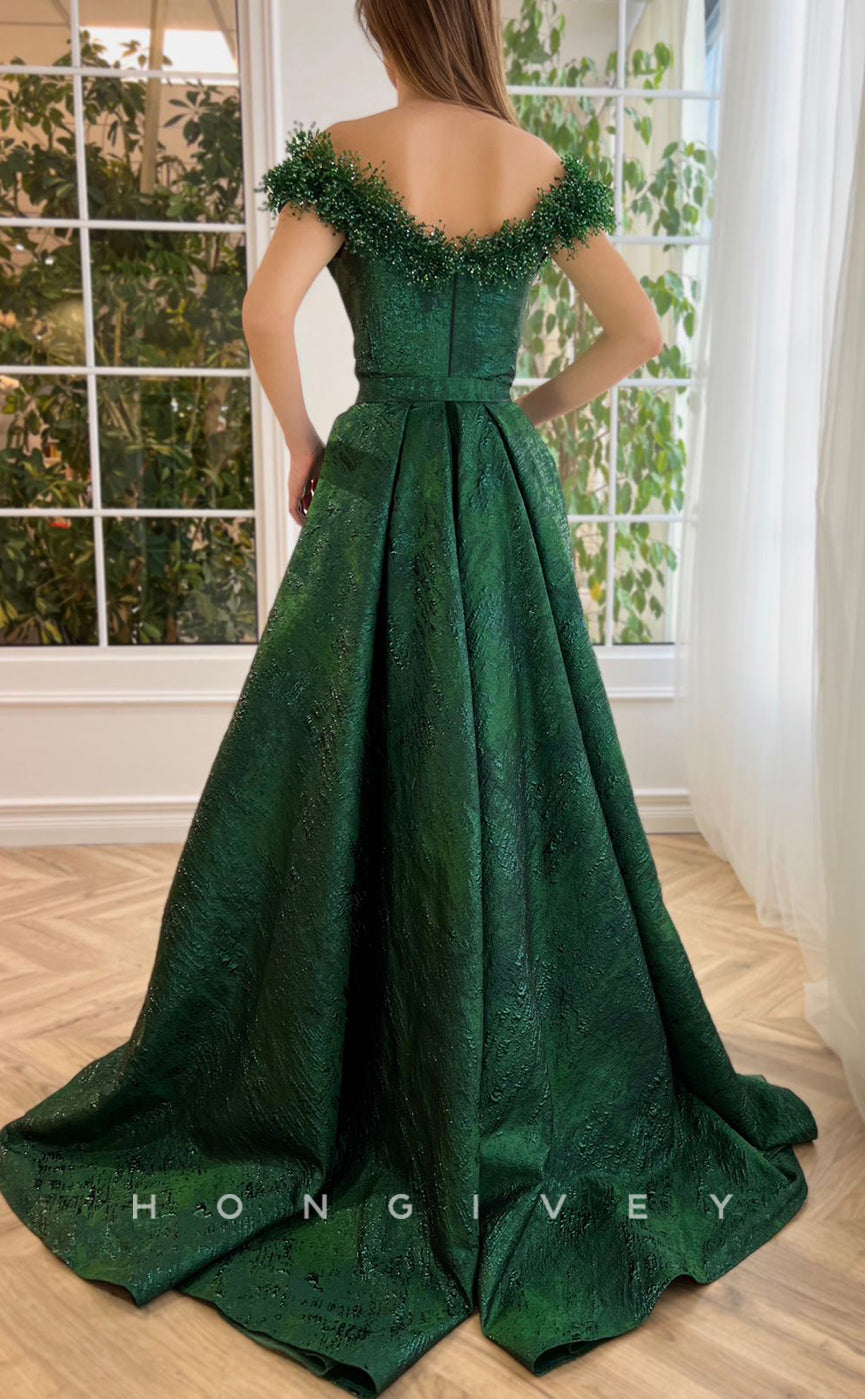 L1702 - Sexy Satin A-Line Off-Shoulder Empire Belt Beaded With Side Slit Party Prom Evening Dress - Fashionpara