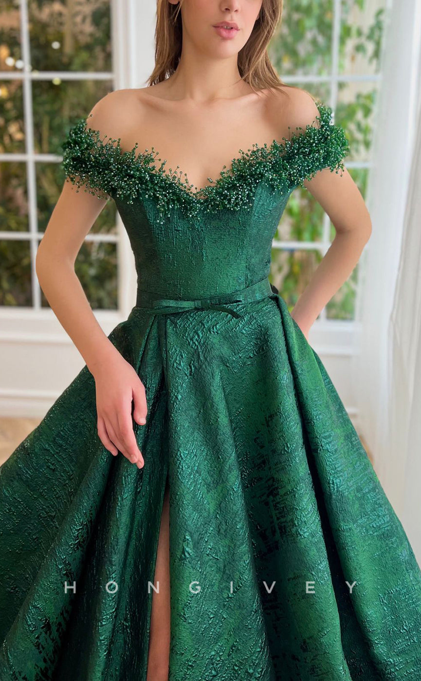 L1702 - Sexy Satin A-Line Off-Shoulder Empire Belt Beaded With Side Slit Party Prom Evening Dress - Fashionpara