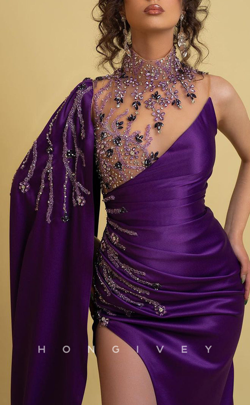 L1733 - Sexy Satin Fitted Illusion High Neck One Shoulder Train Pleats Beaded Party Prom Evening Dress - Fashionpara