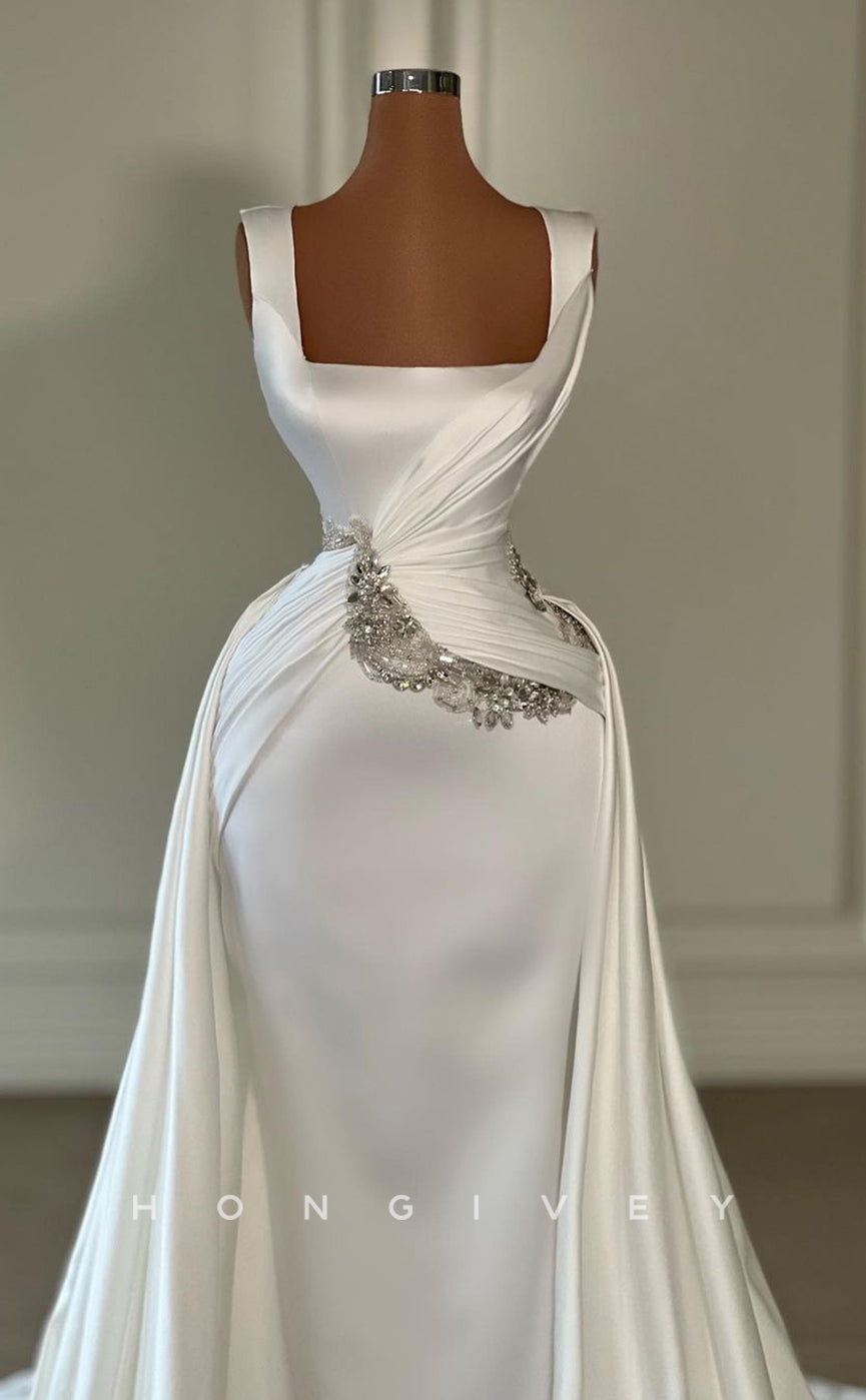 L1740 - Sexy Satin Fitted Glitter Square Straps Sleeveless Empire Ruched With Train Party Prom Evening Dress - Fashionpara