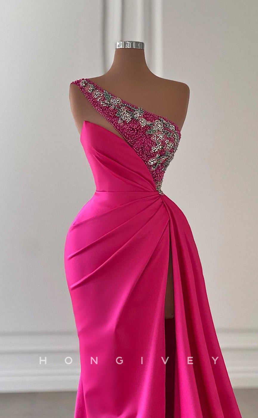 L1741 - Sexy Satin Fitted One Shoulder Sleeveless Empire Ruched Beaded Party Prom Evening Dress - Fashionpara