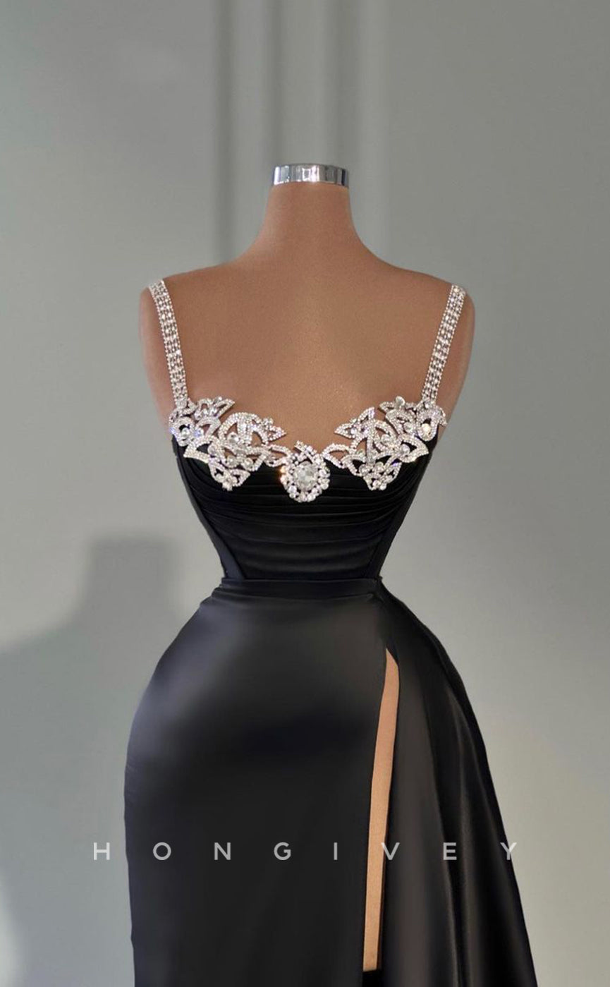 L1742 - Sexy Satin A-Line Sweetheart Spaghetti Straps Empire Beaded With Side Slit Party Prom Evening Dress - Fashionpara
