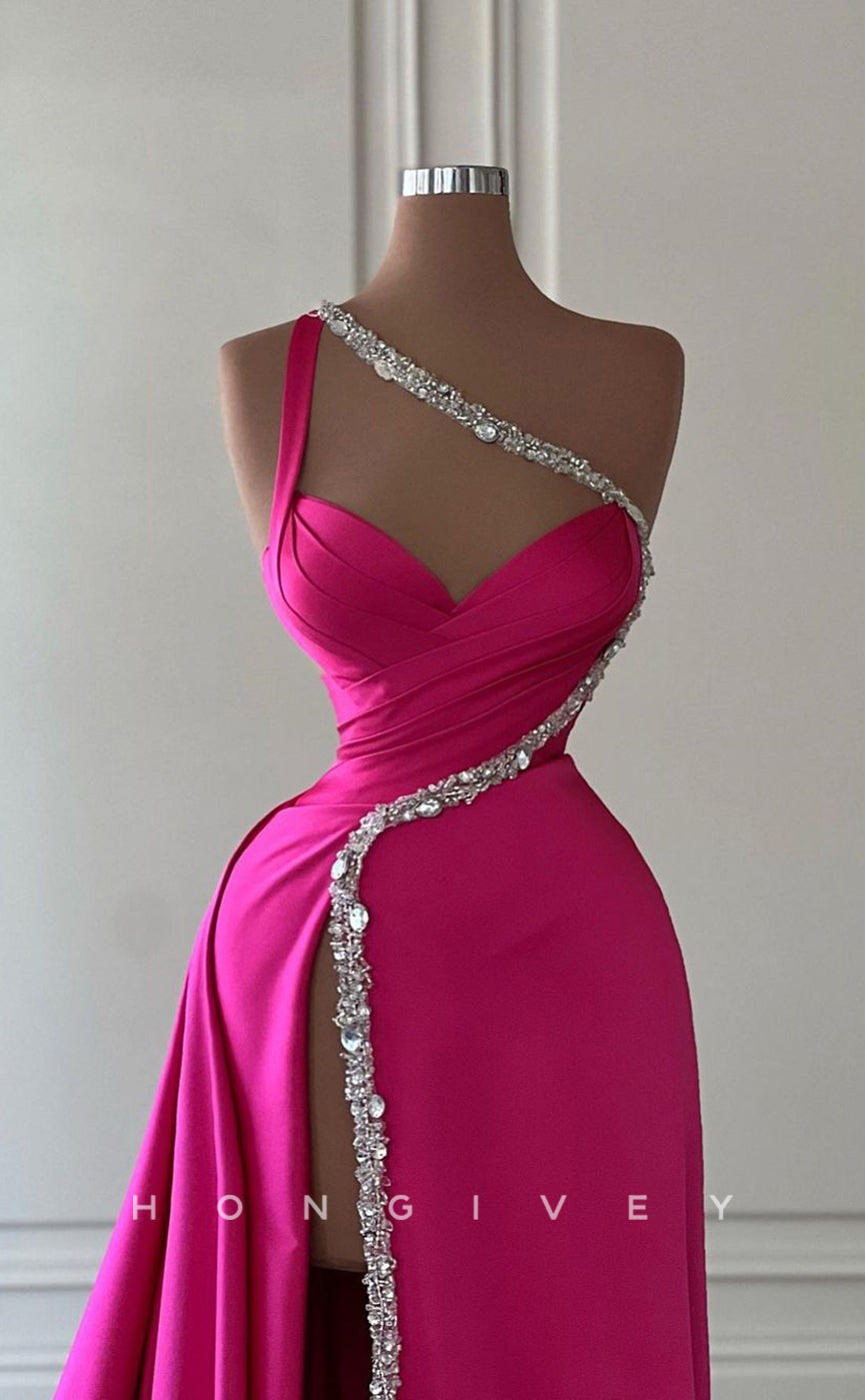 L1744 - Sexy Satin A-Line One Shoulder Empire Sleeveless Ruched Beaded With Side Slit Prom Evening Dress - Fashionpara
