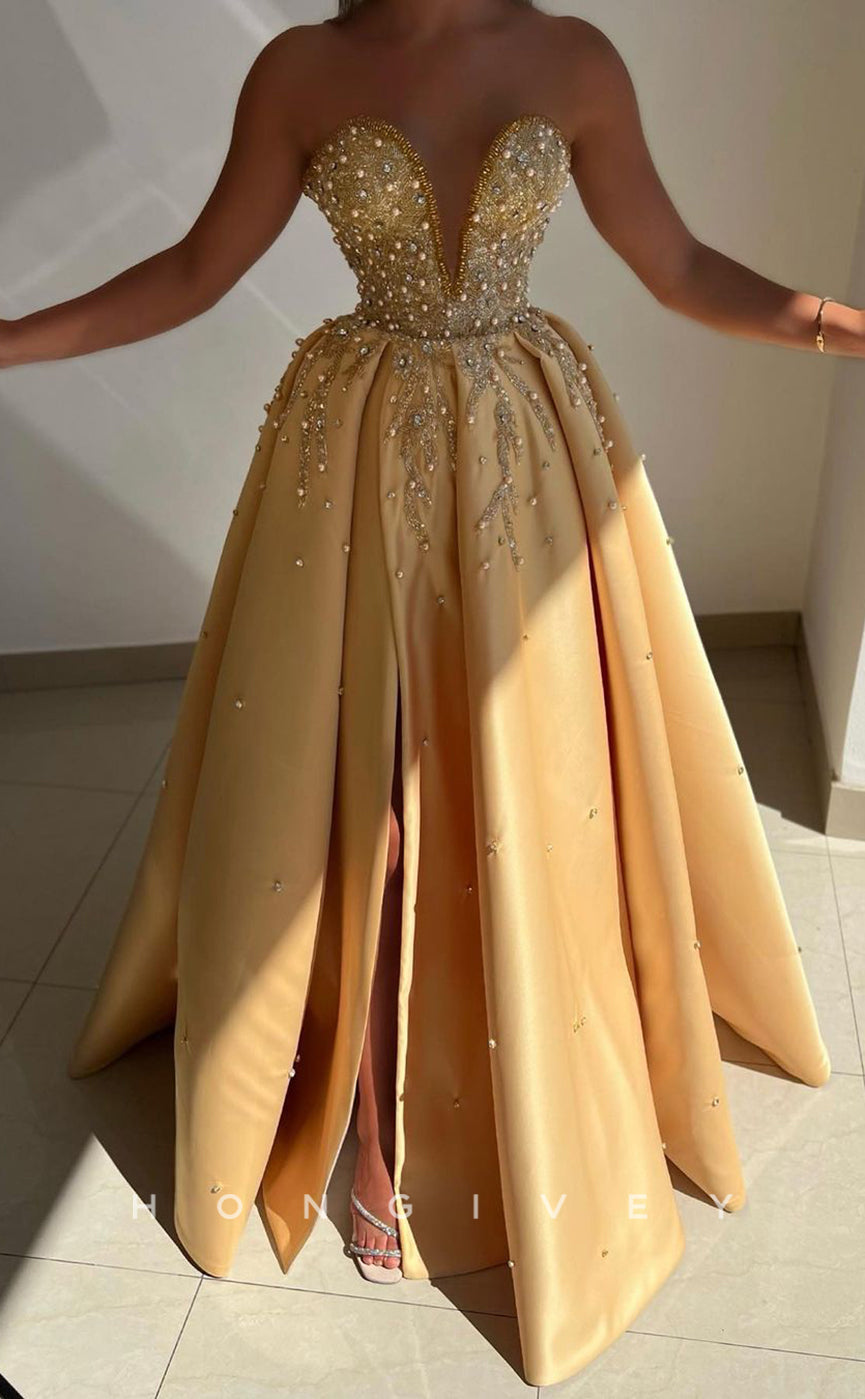 L1746 - Sexy Satin Glitter A-Line V-Neck Strapless Sleeveless Empire Beaded Party Prom Evening Dress - Fashionpara