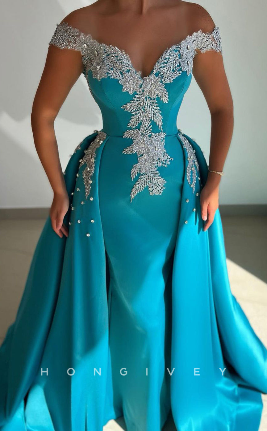 L1748 - Sexy Satin A-Line Off-Shoulder Empire Beaded Appliques With Train Party Prom Evening Dress - Fashionpara
