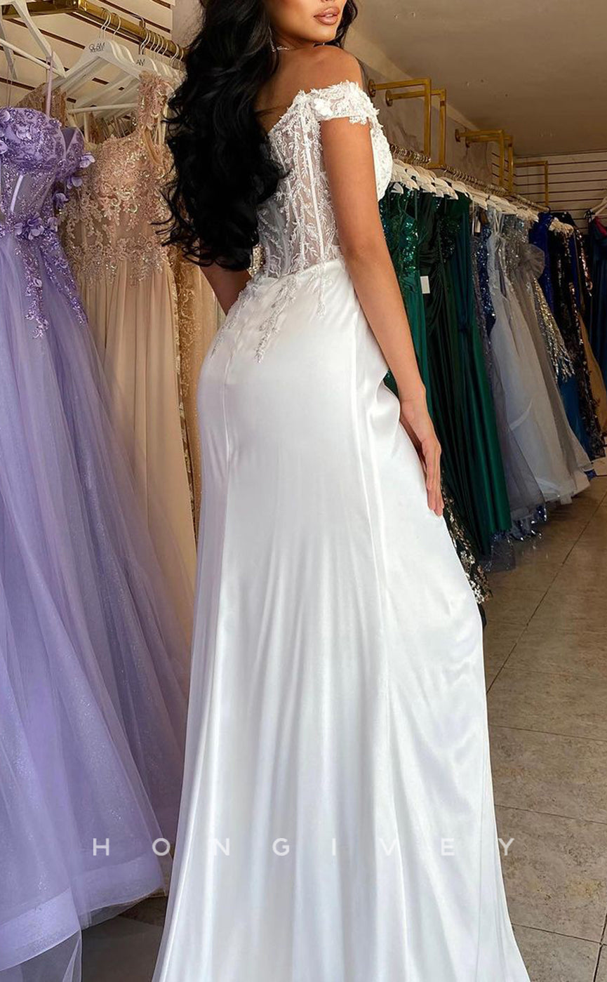 L1749 - Sexy Satin Fitted Off-Shoulder Empire Ruched Appliques With Side Slit Party Prom Evening Dress - Fashionpara