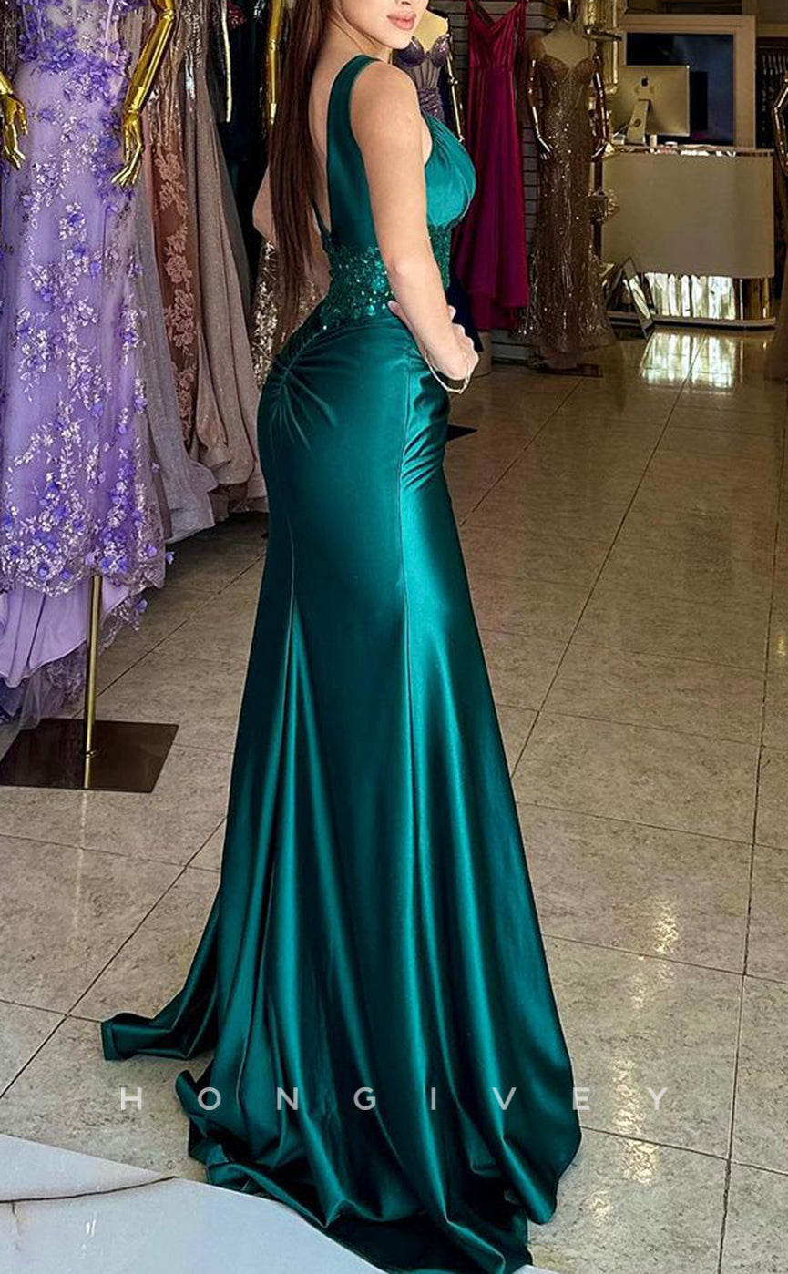 L1751 - Sexy Satin Fitted Asymmetrical Empire Sleeveless Sequined Ruched With Side Slit Prom Evening Dress - Fashionpara