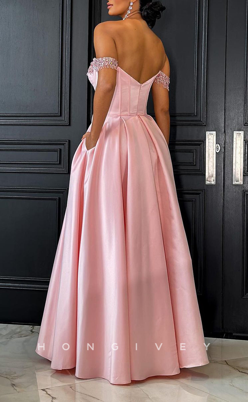 L1753 - Sexy Satin A-Line Off-Shoulder Empire Floor-Length Beaded Fringe Party Prom Evening Dress - Fashionpara