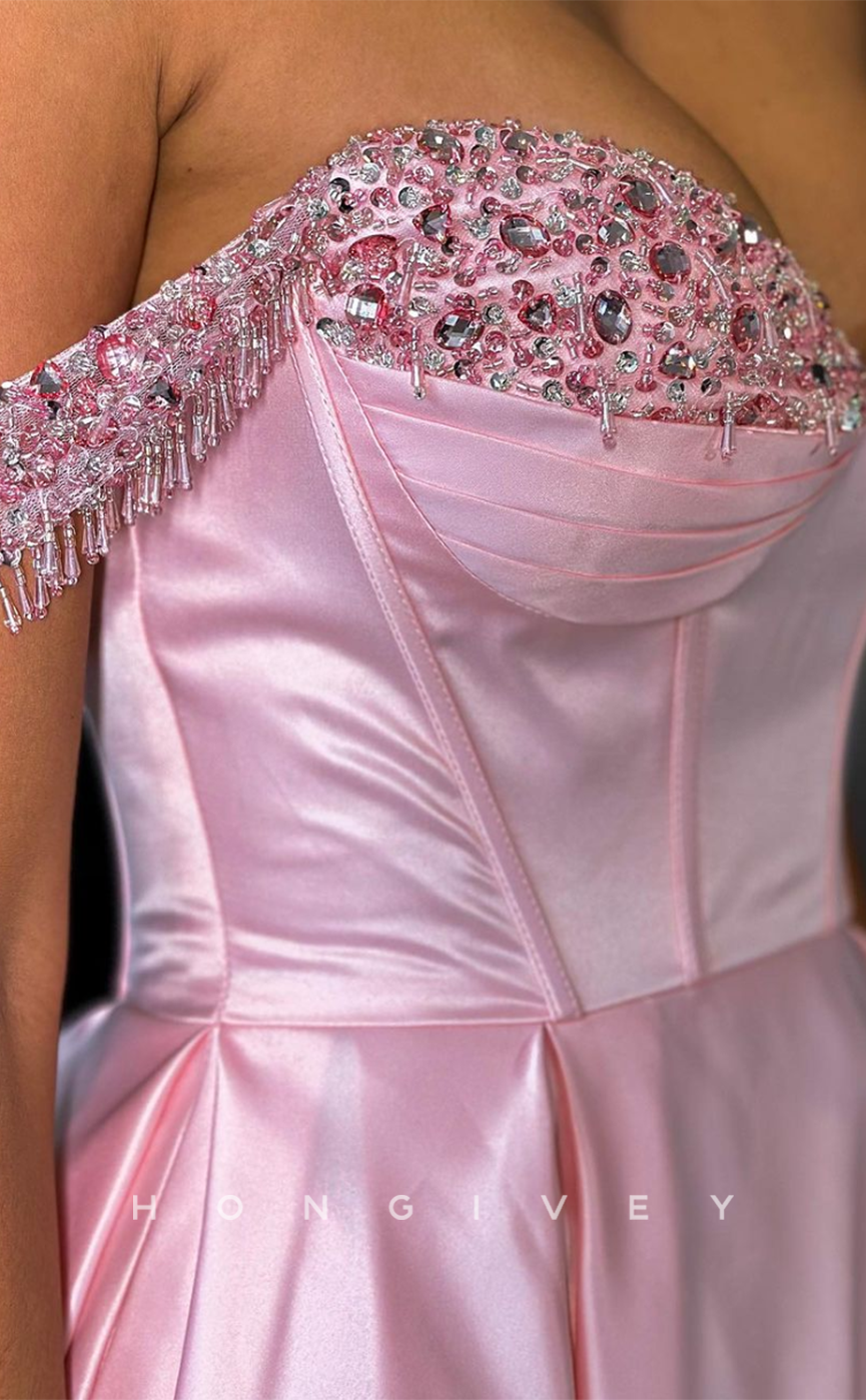 L1753 - Sexy Satin A-Line Off-Shoulder Empire Floor-Length Beaded Fringe Party Prom Evening Dress - Fashionpara