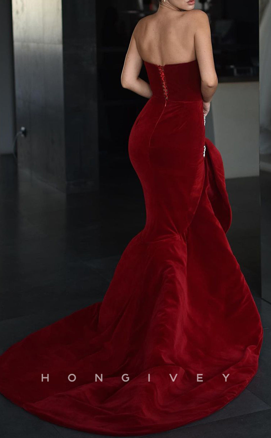 L1765 - Sexy Satin Trumpt Sweetheart Strapless Sleeveless Empire Beaded Ruffled Party Prom Evening Dress - Fashionpara