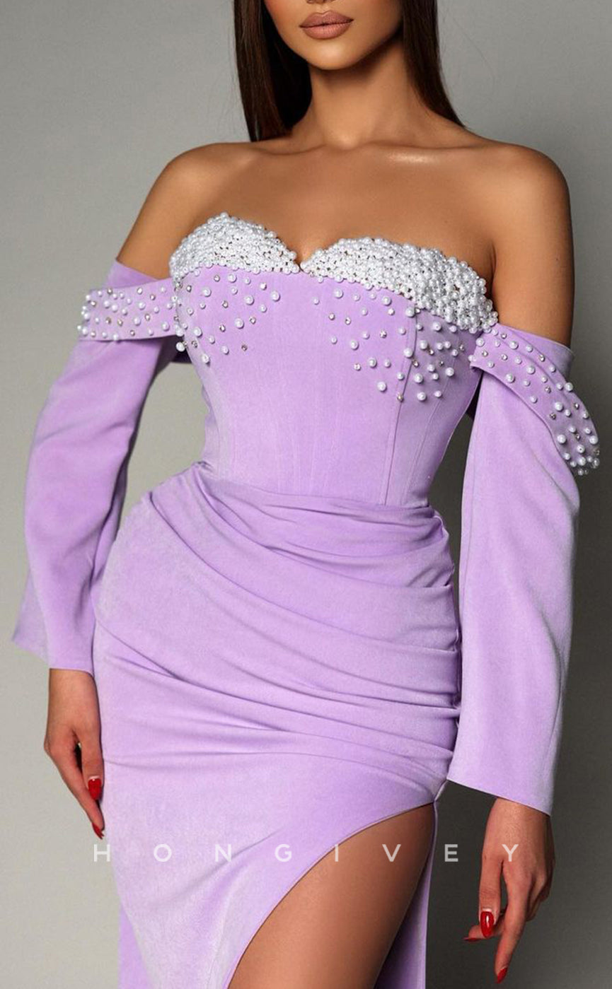 L1804 - Sexy Satin Fitted Off-Shoulder Sweetheart 3/4 Sleeves Beaded Pleats Party Prom Evening Dress - Fashionpara