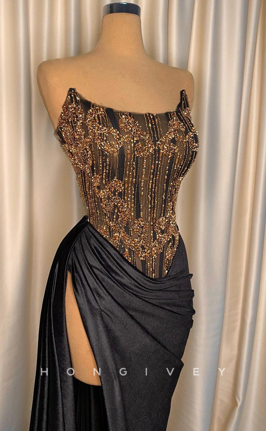 L1808 - Sexy Satin Fitted Illusion Bateau Sleeveless Ruched Beaded With Side Slit Party Prom Evening Dress - Fashionpara