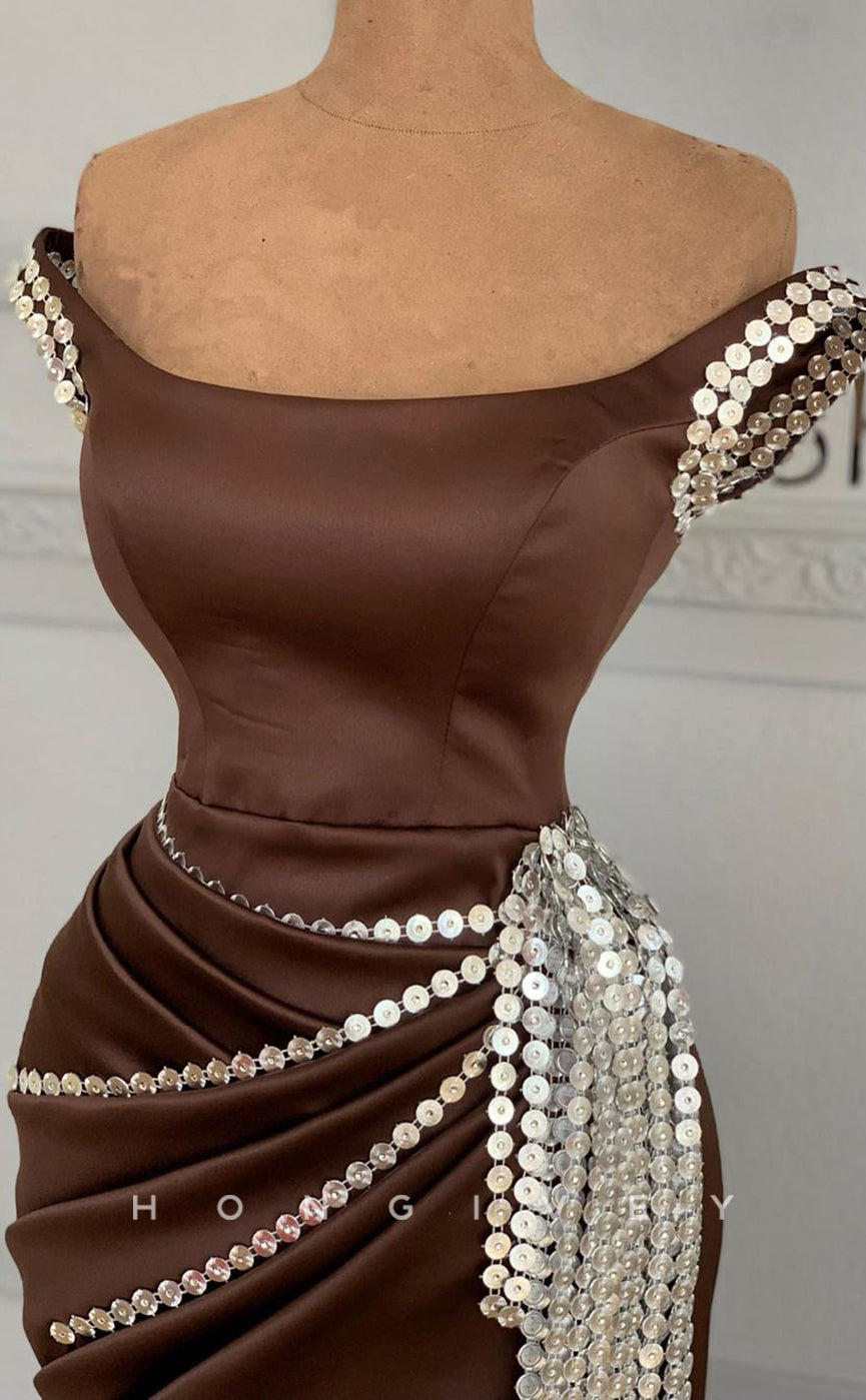 L1820 - Sexy Satin Fitted Bateau Empire Ruched Beaded Fringe Party Prom Evening Dress - Fashionpara