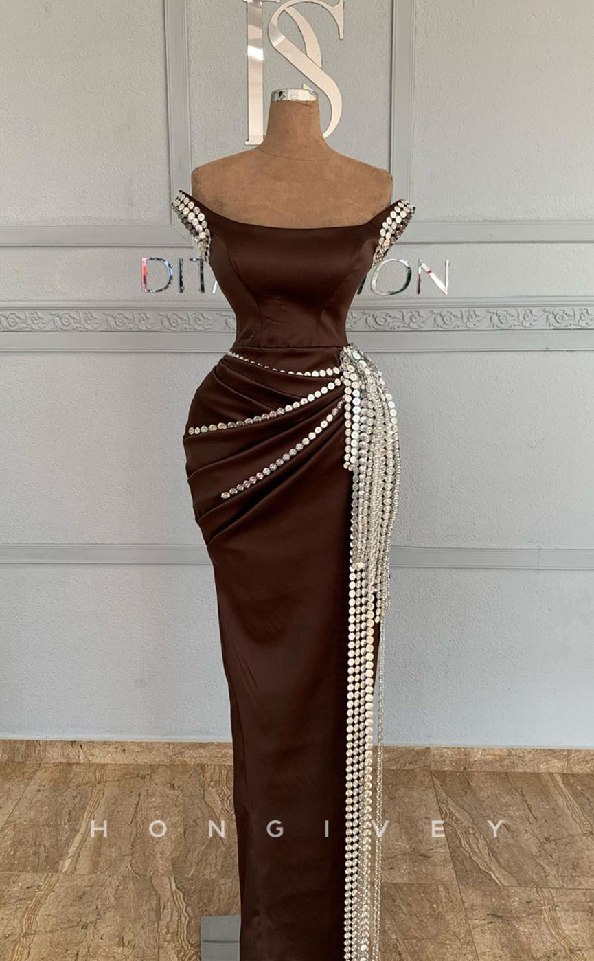 L1820 - Sexy Satin Fitted Bateau Empire Ruched Beaded Fringe Party Prom Evening Dress - Fashionpara