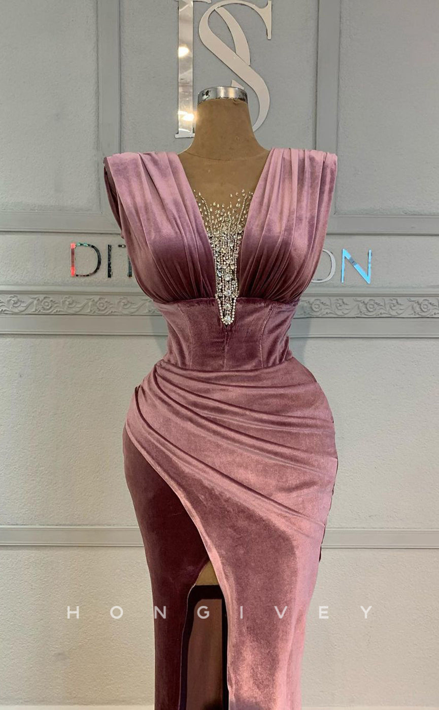 L1821 - Sexy Satin Fitted V-Neck Straps Sleeveless Empire Beaded Ruched Party Prom Evening Dress - Fashionpara