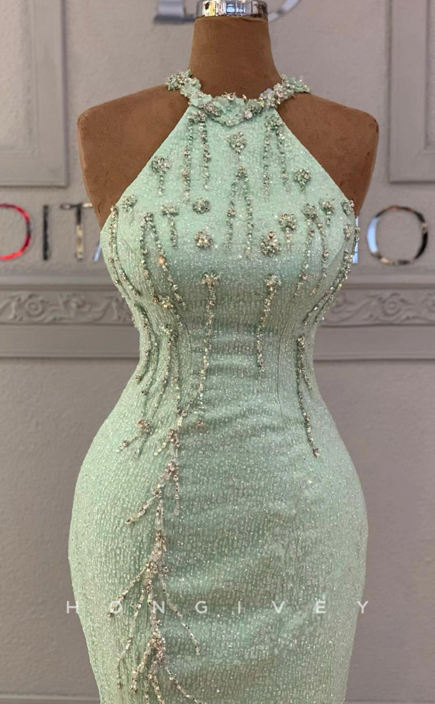 L1822 - Sexy Satin Fitted Glitter High Neck Sleeveless Empire Beaded Party Prom Evening Dress - Fashionpara