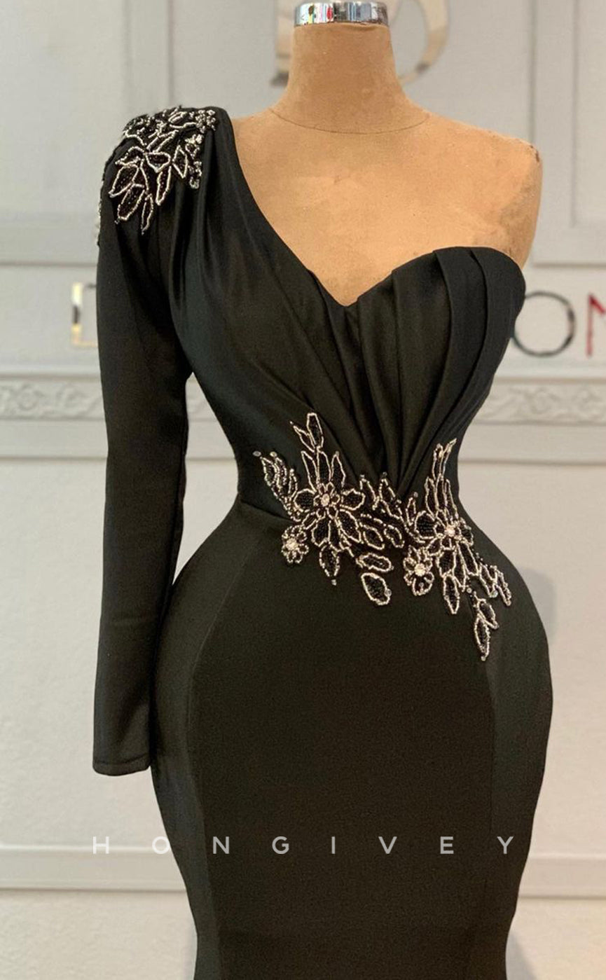 L1823 - Sexy Satin Trumpt One Shoulder Long Sleeve Empire Beaded With Train Party Prom Evening Dress - Fashionpara