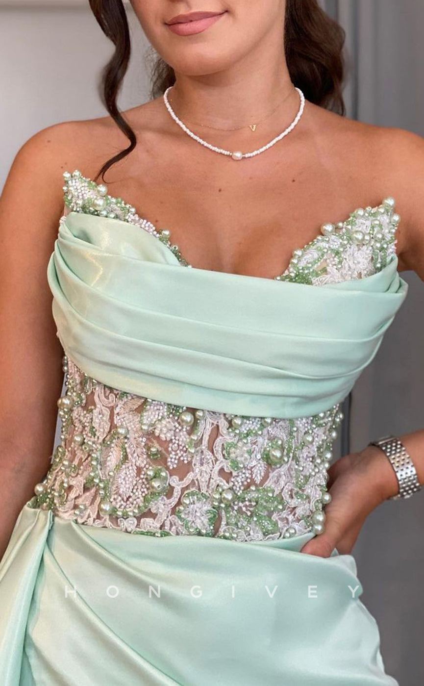 L1824 - Sexy Satin Fitted Bateau Sleeveless Illusion Empire Appliques Beaded With Train Party Prom Evening Dress - Fashionpara