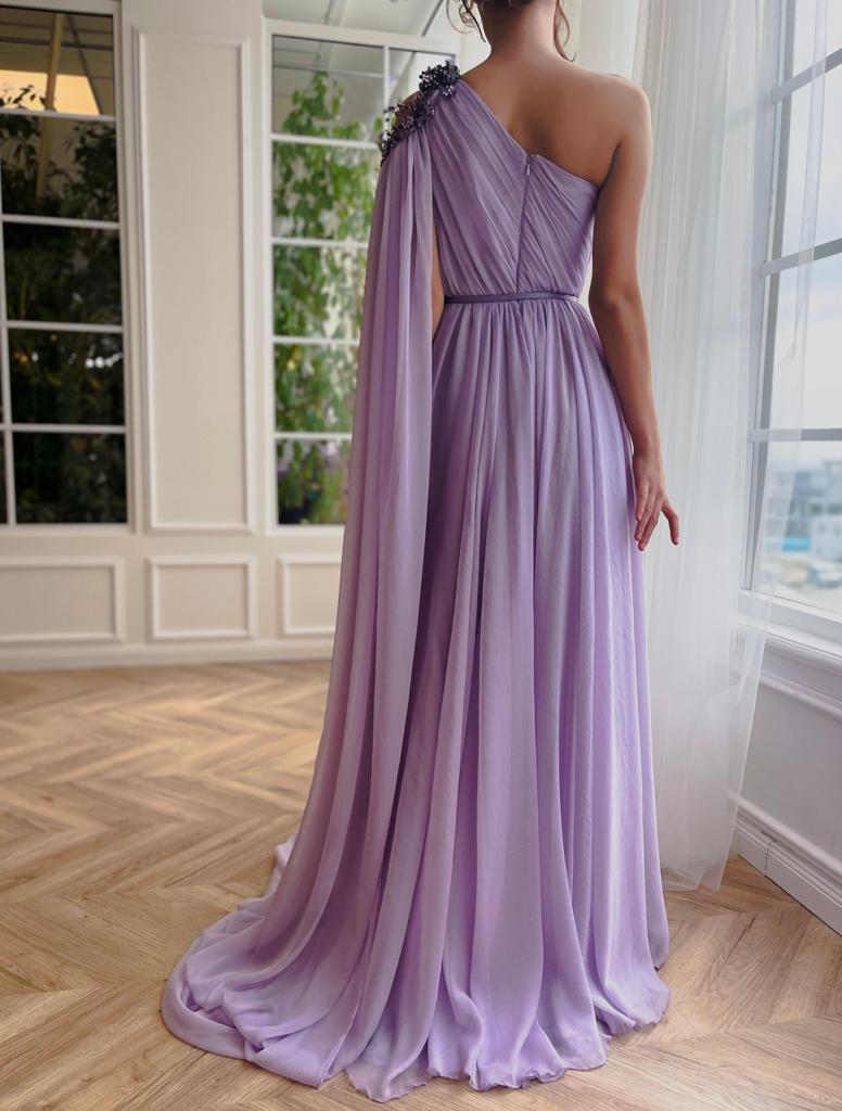 Elegant & Luxurious One Shoulder Cap sleeves A-Line Split Evening Party Prom Dress