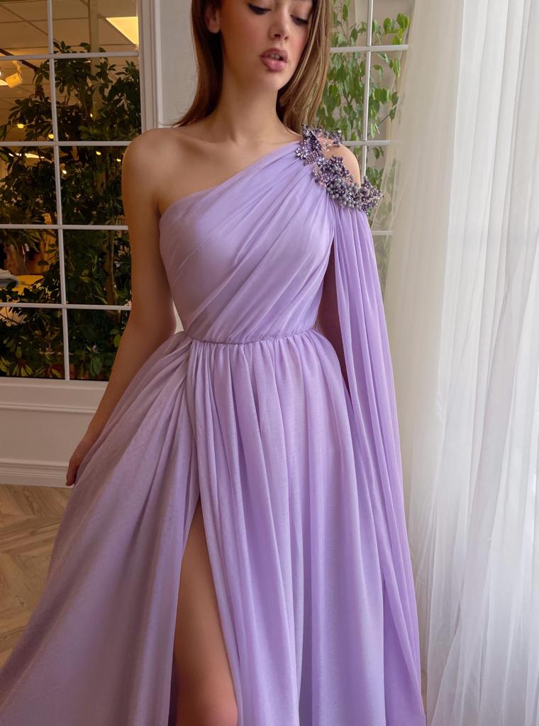 Elegant & Luxurious One Shoulder Cap sleeves A-Line Split Evening Party Prom Dress