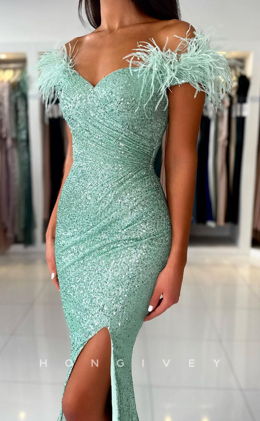L1887 - Sexy Fitted Glitter Off-Shoulder Empire Pleats Feathers With Side Slit Party Prom Evening Dress - Fashionpara