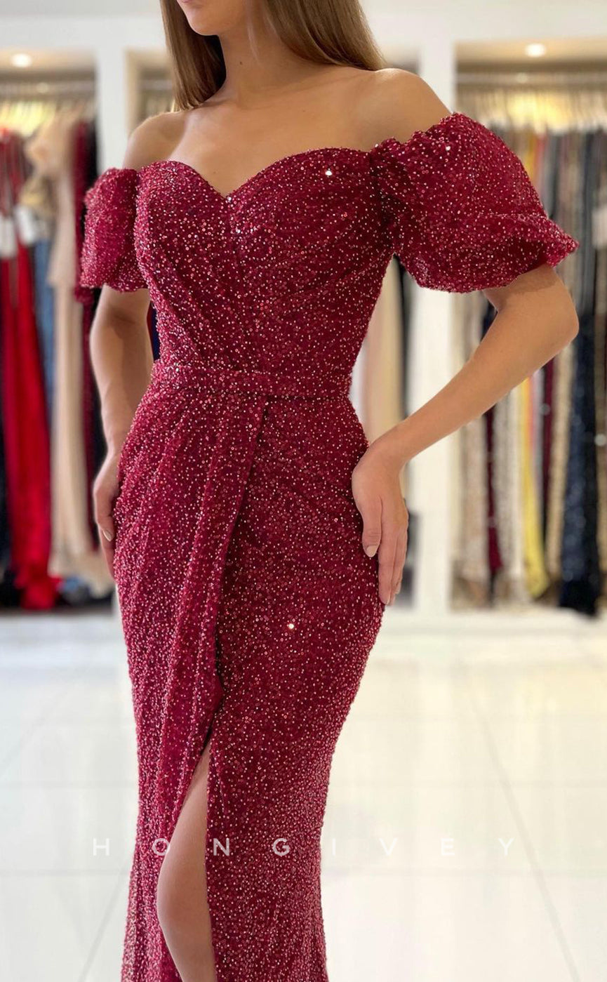 L1889 - Sexy Trumpt Glitter Puff Sleeves Gown Off-Shoulder Empire With Side Slit Party Prom Evening Dress - Fashionpara