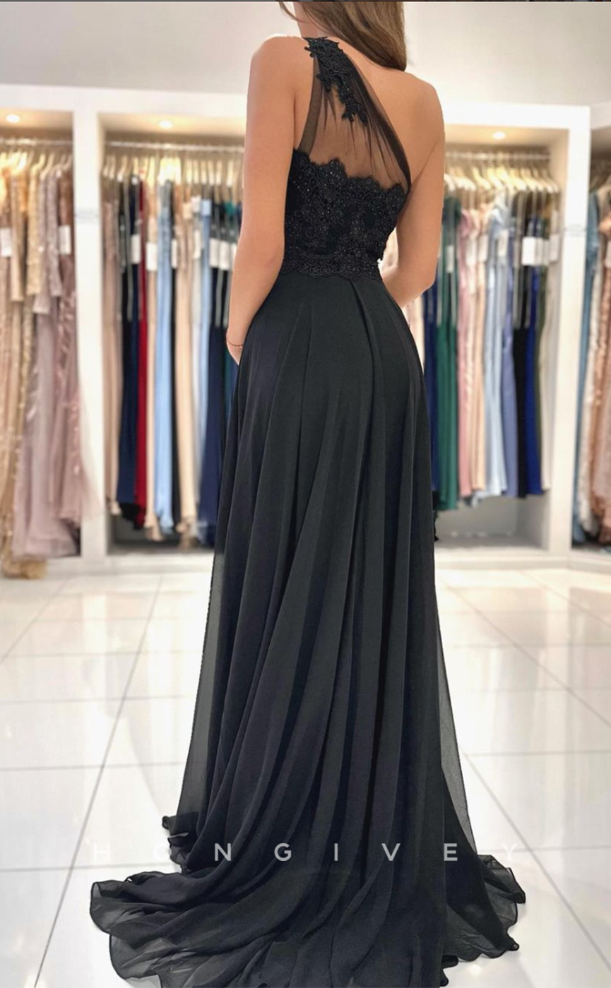 L1890 - Sexy Satin A-Line One Shoulder Empire Beaded Appliques With Side Slit Party Prom Evening Dress - Fashionpara