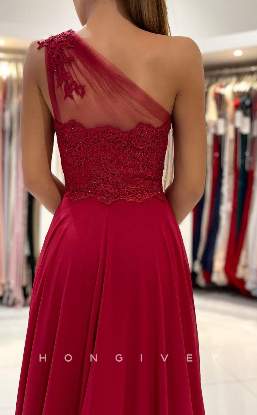 L1891 - Sexy Satin A-Line One Shoulder Empire Beaded Appliques With Side Slit Train Party Prom Evening Dress - Fashionpara