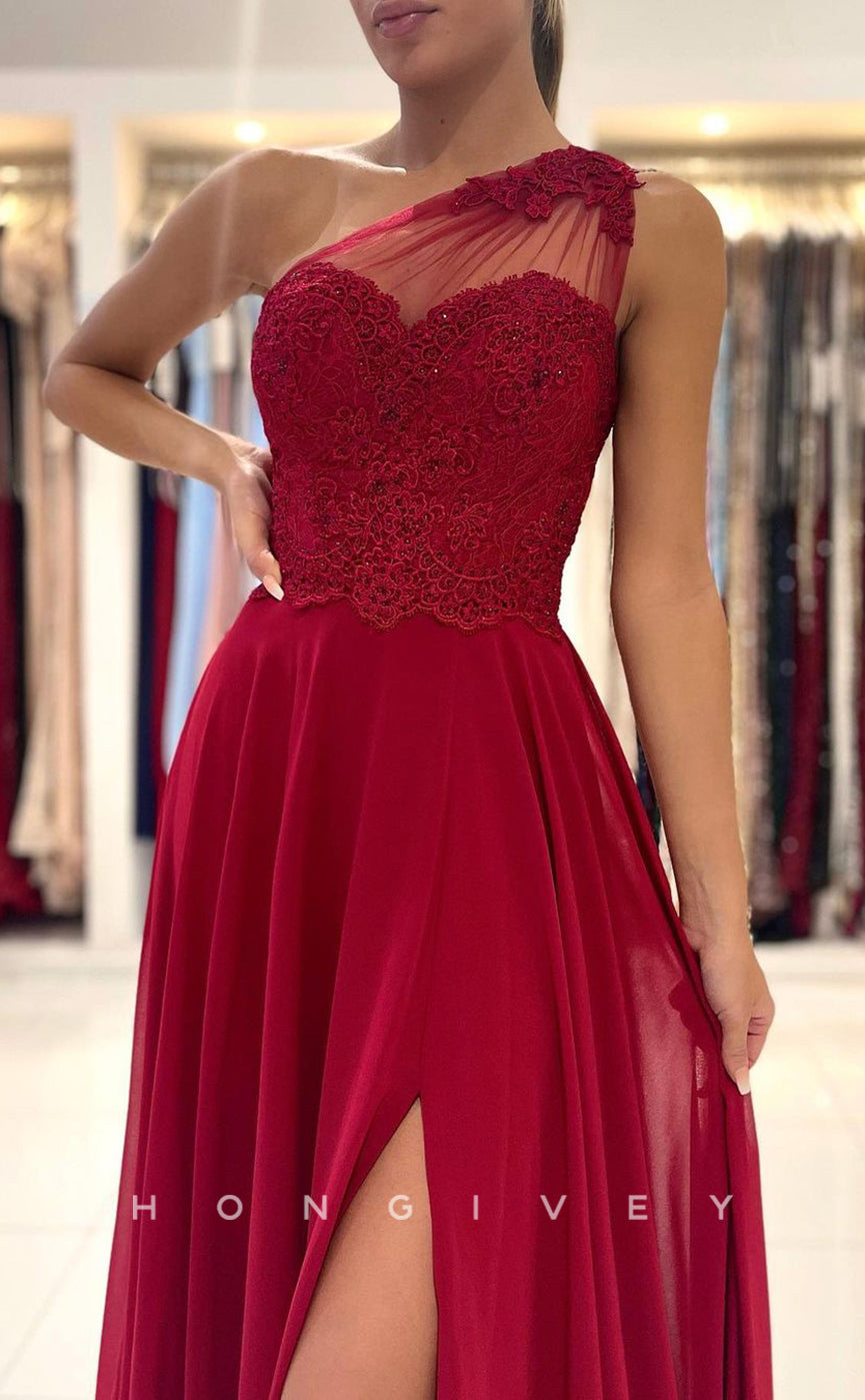 L1891 - Sexy Satin A-Line One Shoulder Empire Beaded Appliques With Side Slit Train Party Prom Evening Dress - Fashionpara