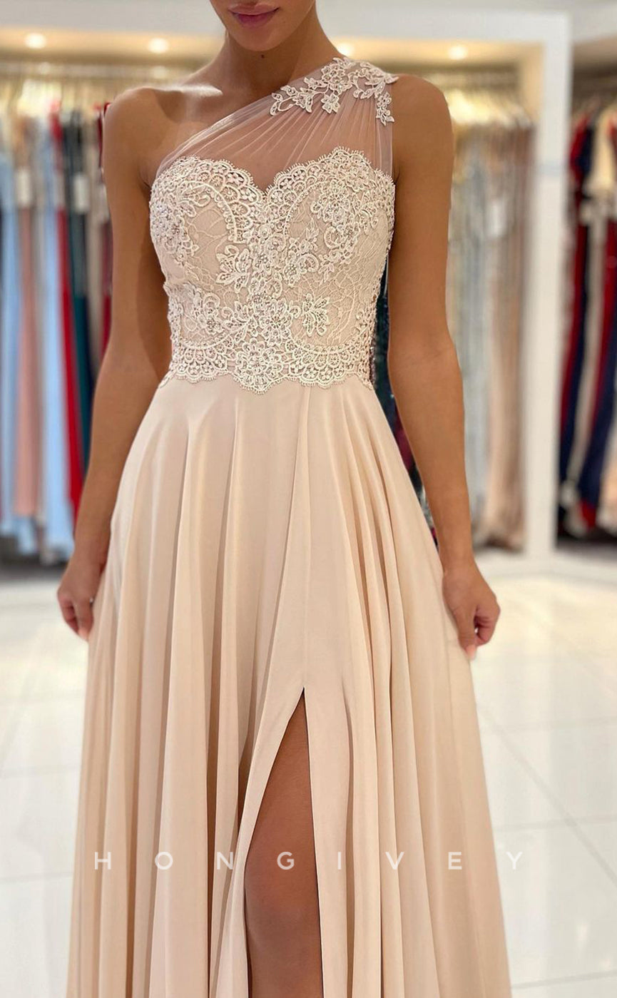 L1892 - Sexy Satin A-Line One Shoulder Empire Appliques With Side Slit Party Prom Evening Dress - Fashionpara