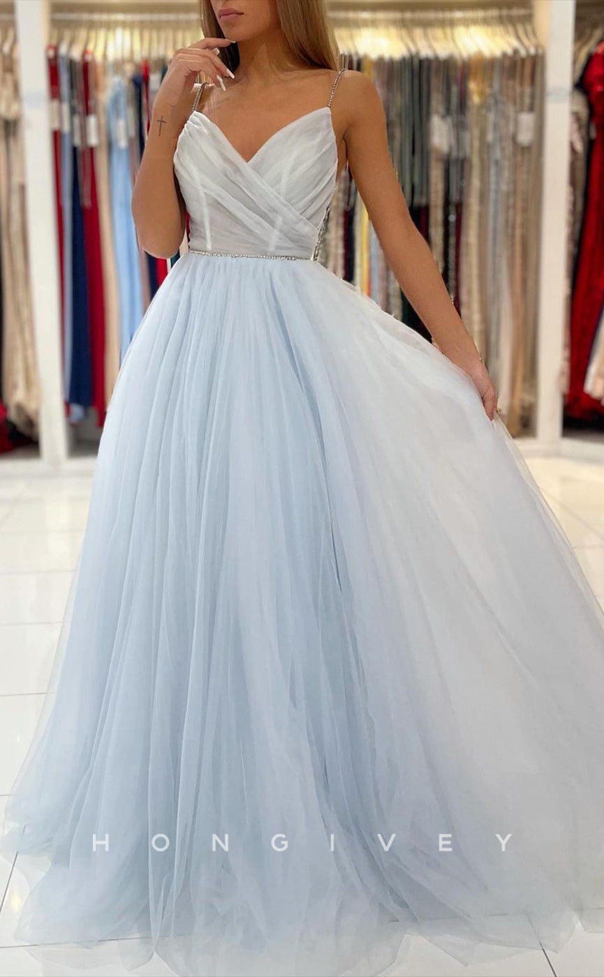 L1895 - Sexy Illusion Tulle A-Line V-Neck Spaghetti Straps Empire Beaded Party Prom Evening Dress - Fashionpara