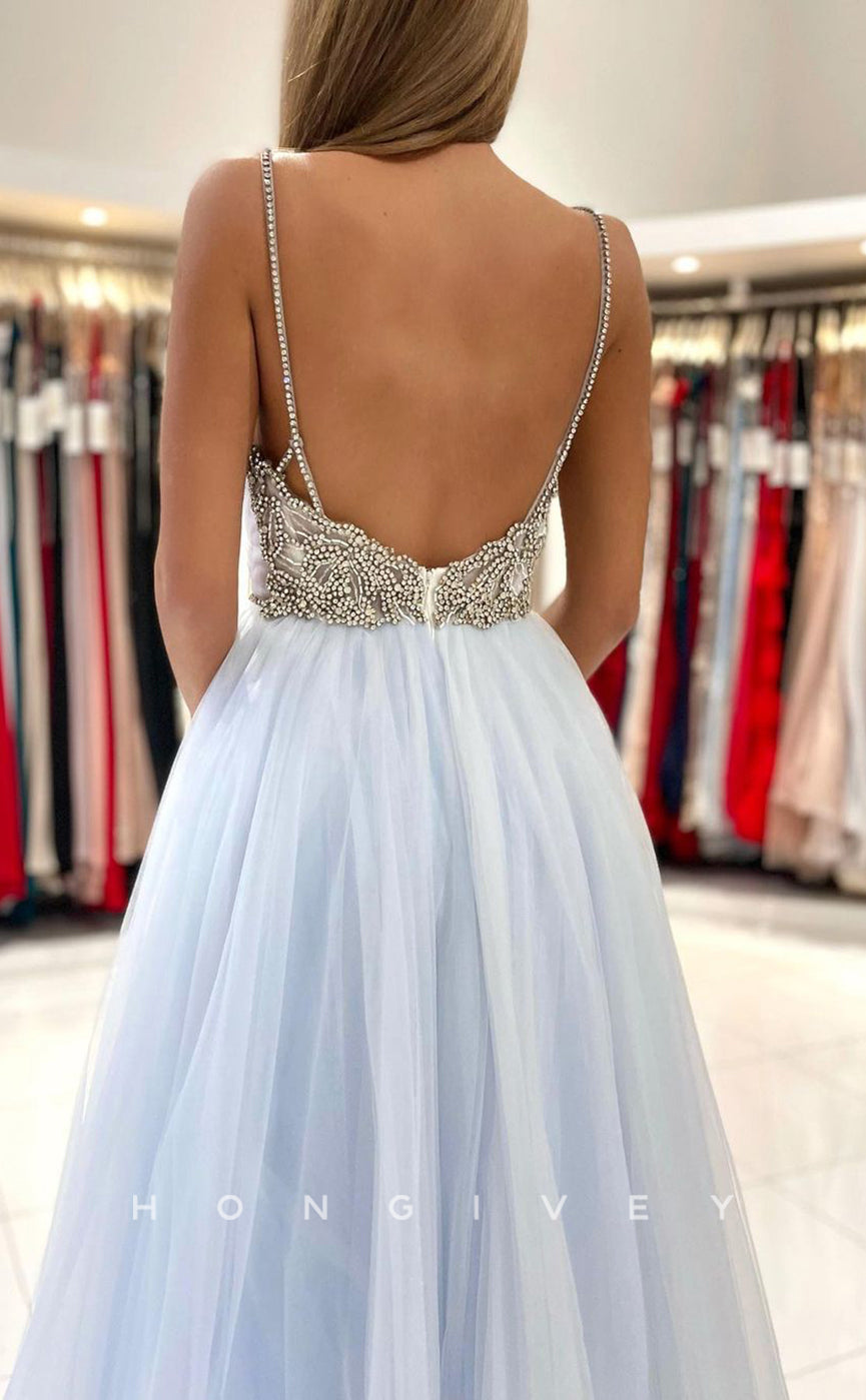 L1895 - Sexy Illusion Tulle A-Line V-Neck Spaghetti Straps Empire Beaded Party Prom Evening Dress - Fashionpara