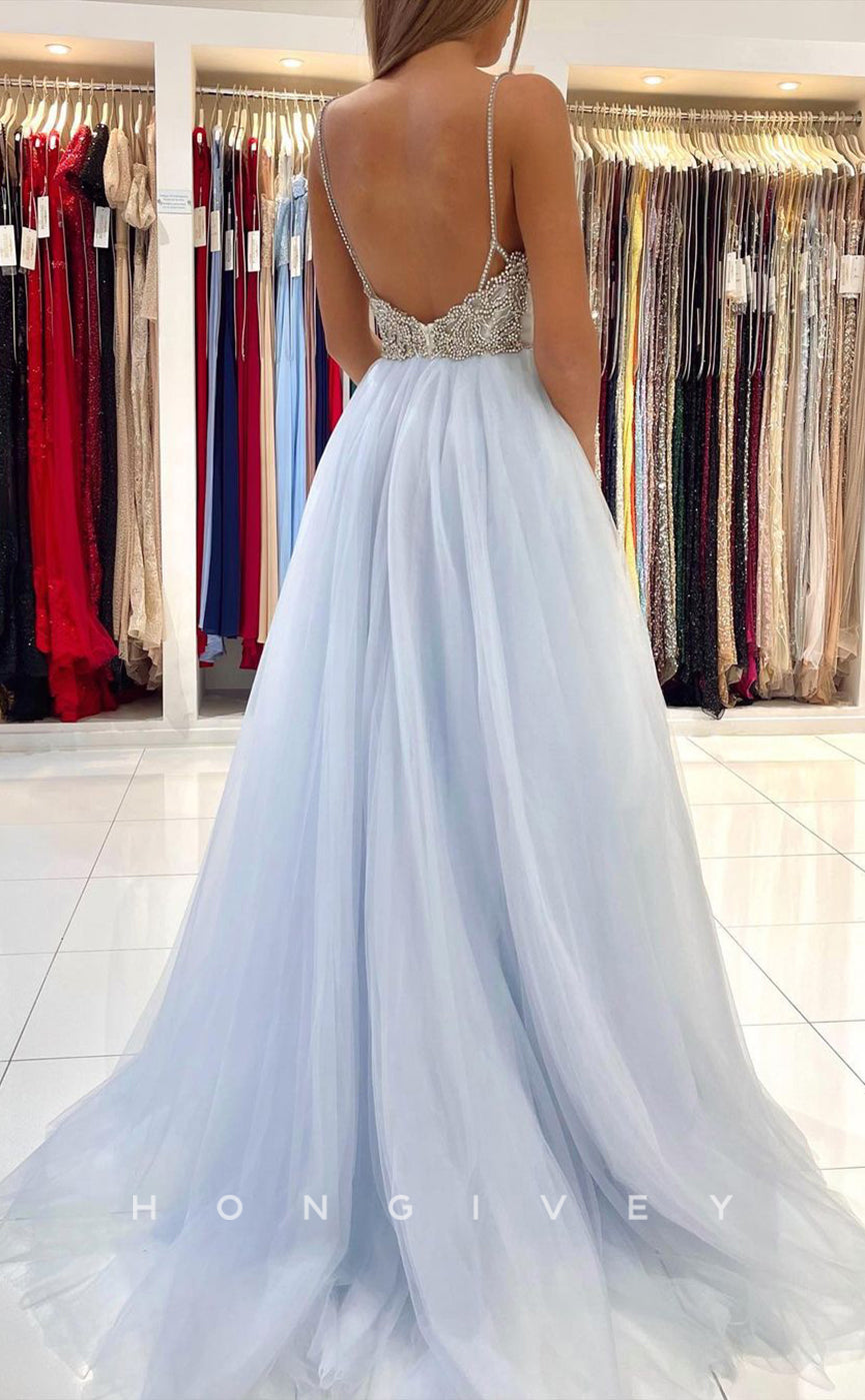 L1895 - Sexy Illusion Tulle A-Line V-Neck Spaghetti Straps Empire Beaded Party Prom Evening Dress - Fashionpara