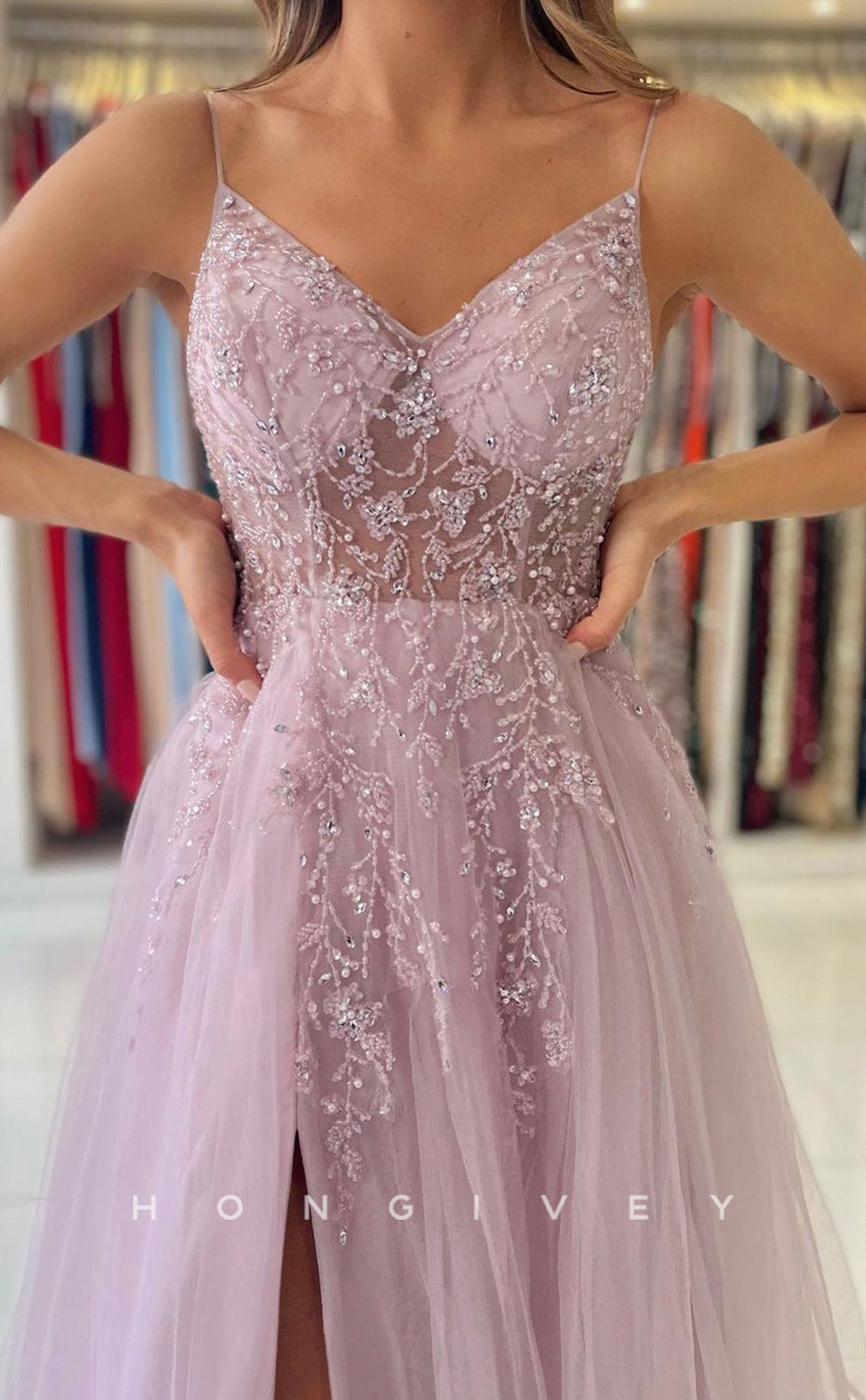 L1896 - Sexy Illusion Tulle A-Line V-Neck Spaghetti Straps Empire Beaded Appliques Party Prom Evening Dress - Fashionpara