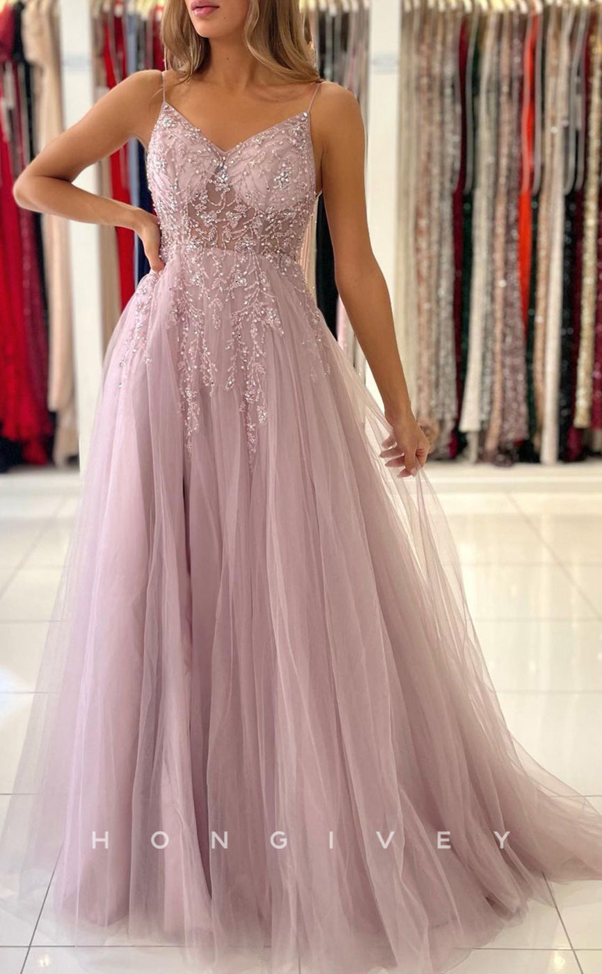 L1896 - Sexy Illusion Tulle A-Line V-Neck Spaghetti Straps Empire Beaded Appliques Party Prom Evening Dress - Fashionpara