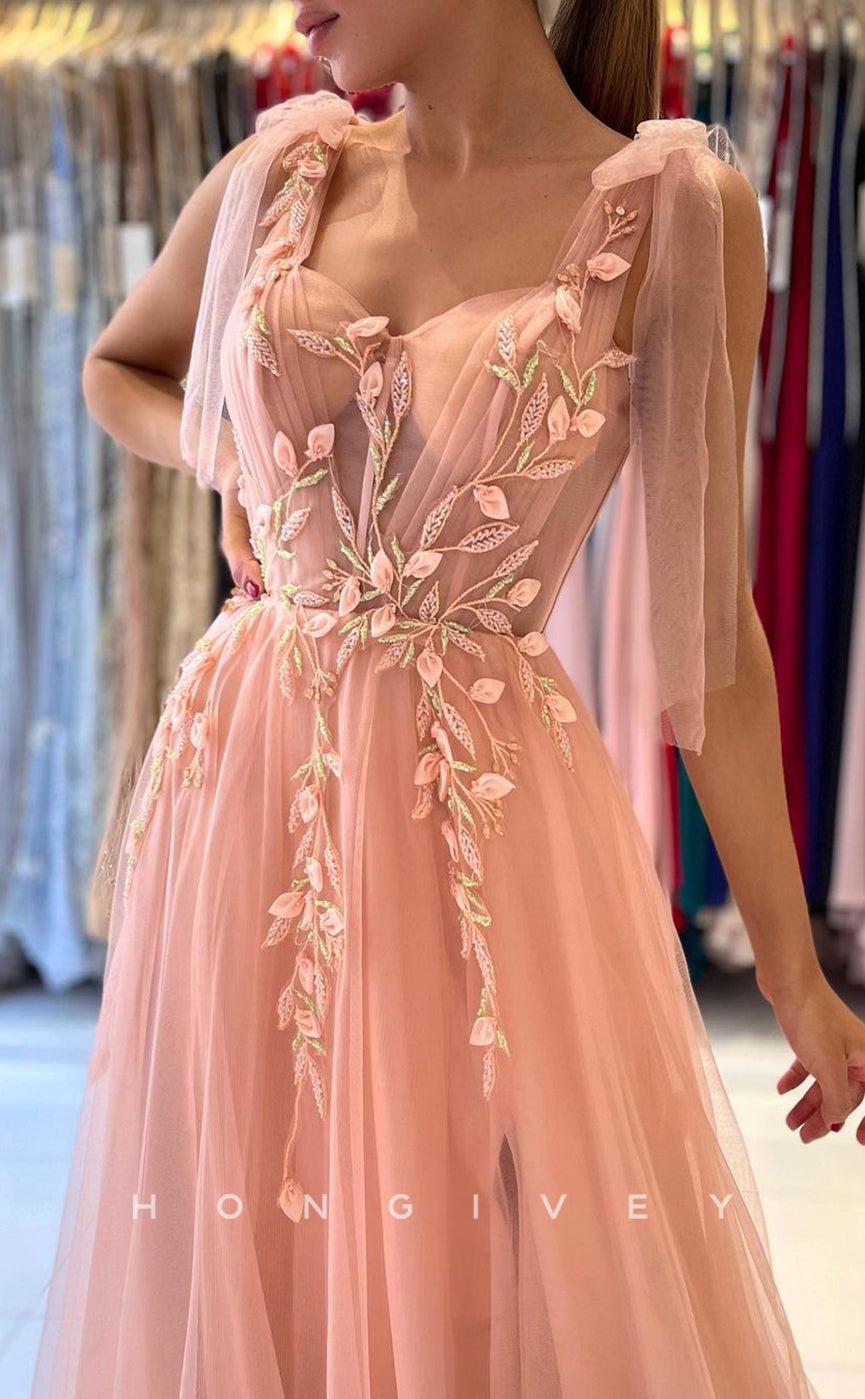L1899 - Sexy Tulle A-Line Sweetheart Bowknot Straps Empire Appliques With Side Slit Party Prom Evening Dress - Fashionpara