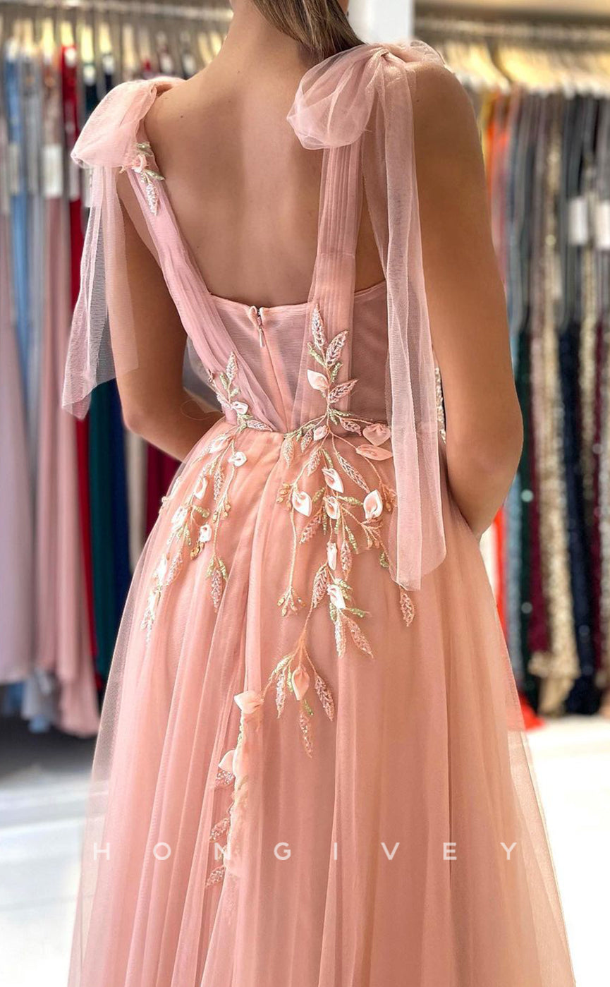 L1899 - Sexy Tulle A-Line Sweetheart Bowknot Straps Empire Appliques With Side Slit Party Prom Evening Dress - Fashionpara