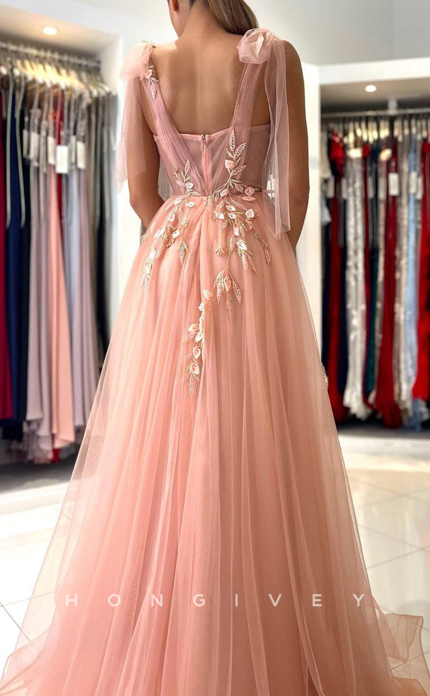 L1899 - Sexy Tulle A-Line Sweetheart Bowknot Straps Empire Appliques With Side Slit Party Prom Evening Dress - Fashionpara