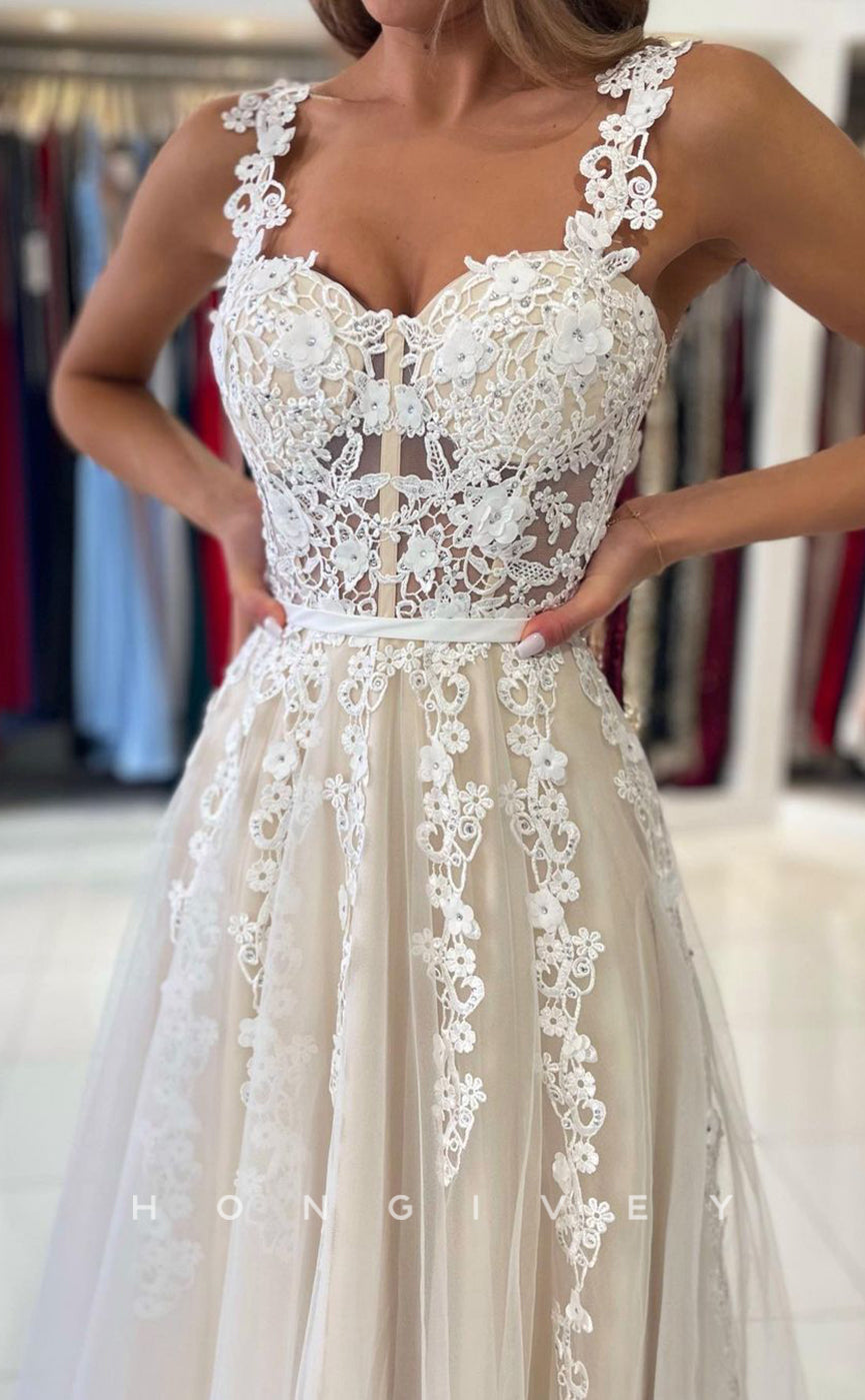 L1900 - Chic Tulle A-Line Empire Sweetheart Spaghetti Straps Illusion Appliques Party Prom Evening Dress - Fashionpara