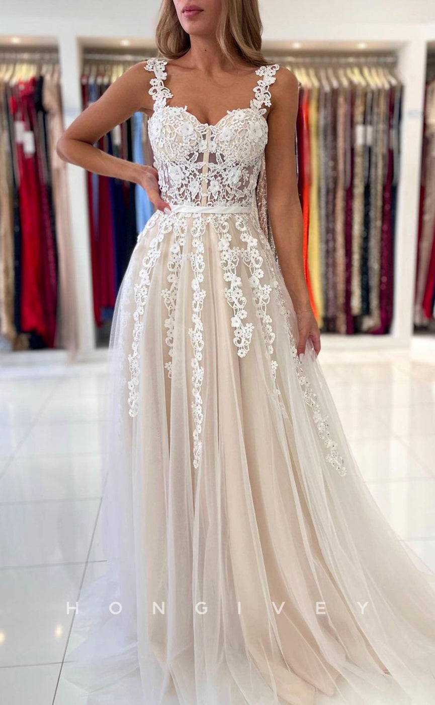 L1900 - Chic Tulle A-Line Empire Sweetheart Spaghetti Straps Illusion Appliques Party Prom Evening Dress - Fashionpara