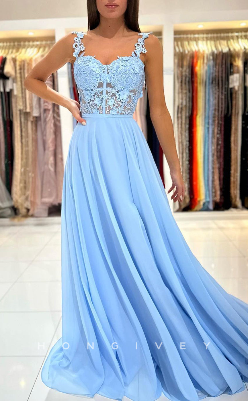 L1901 - Sexy Satin A-Line Sweetheart Straps Illusion Empire With Side Slit Party Prom Evening Dress - Fashionpara